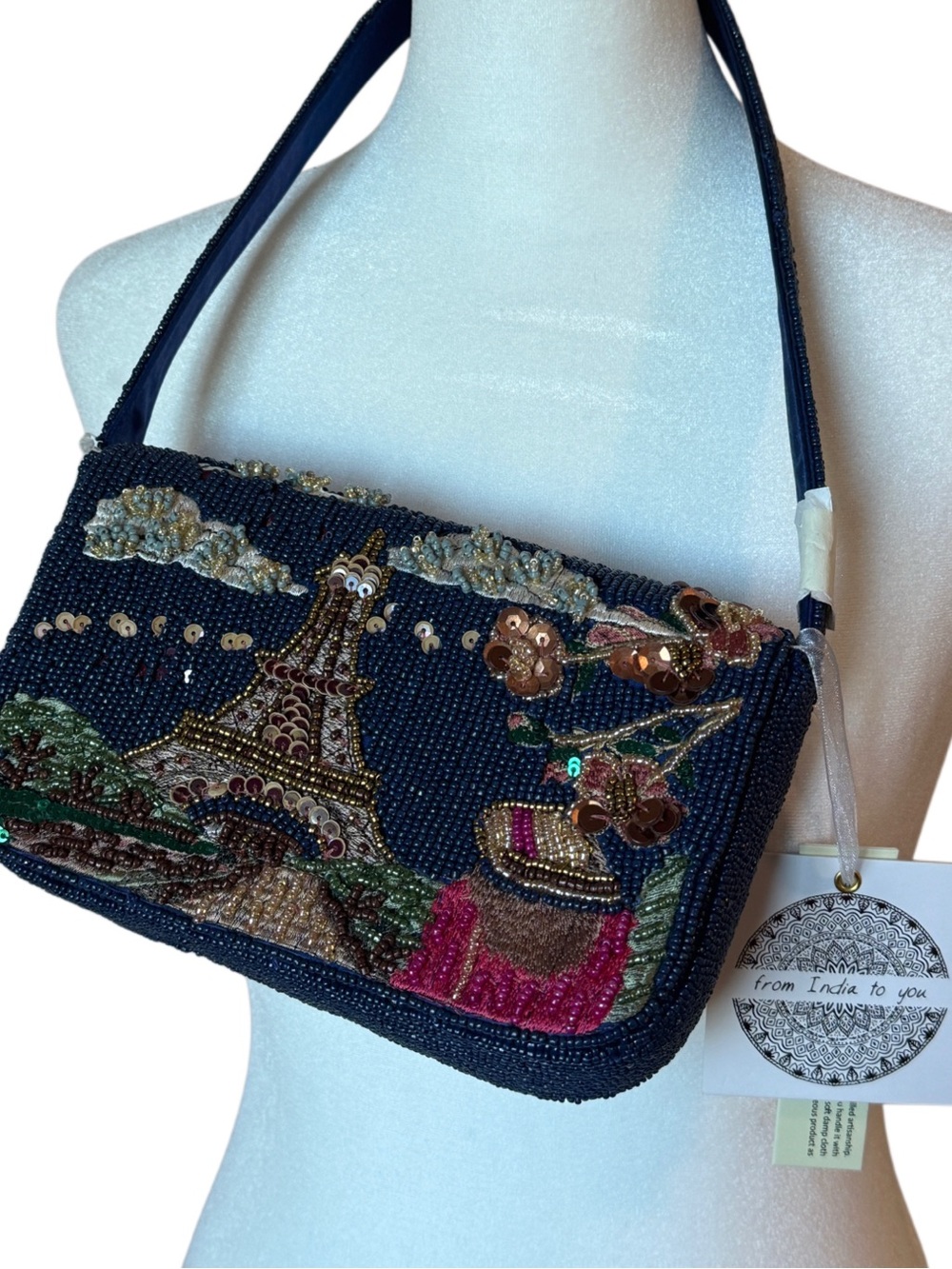 NWT Navy Blue Beaded Paris Eiffel Tower Shoulder Bag